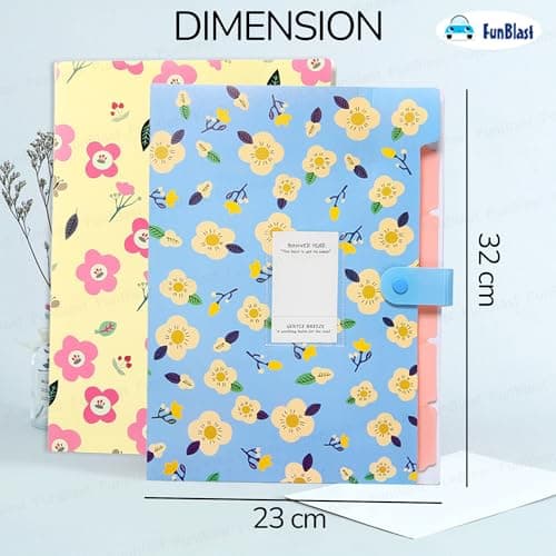 FunBlast File Folder with Button Lock – Floral Print A4 Size Certificates Holder with 6 Pockets, Office Documents File, Expandable Folders for Documents -Multicolour (Pack of 2 Pcs) 3