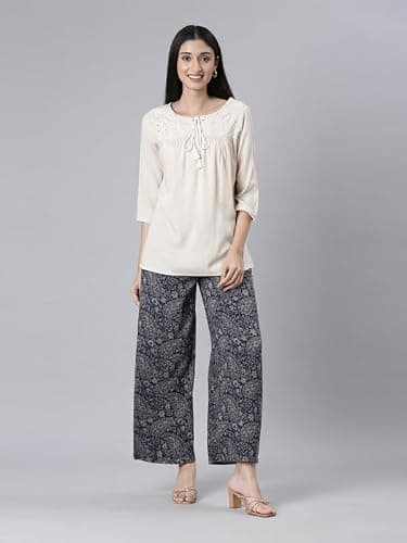 Go Colors Soft Viscose Printed Palazzo Full Length for Women| Breathable, Mid Rise, Beige_LPZ7_Blue_S 5