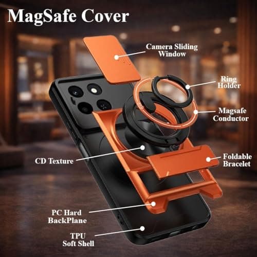 AeoFit Back Cover for Motorola Moto Edge 70 5G | Armor Camera Slider 360 Degree Rotating Finger Ring Holder Case with Bracket Stand & Camera Protection Back Case Cover for Moto Edge 70 (Orange) 3