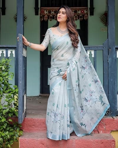 Kaugalian store Linen Cotton Floral Printed Grey & Blue Saree For Women With Unstitched Blouse Piece 2
