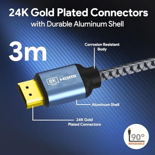 Amkette Ultra High Speed HDMI 2.1 Cable (3m/9.8ft) | 8K@60Hz, 4K@120Hz | 48Gbps | Certified with QR Code | eARC, HDR10+, VRR Support | Gold-Plated Connectors | Braided HDMI Cable for TV, PS5, Xbox 5