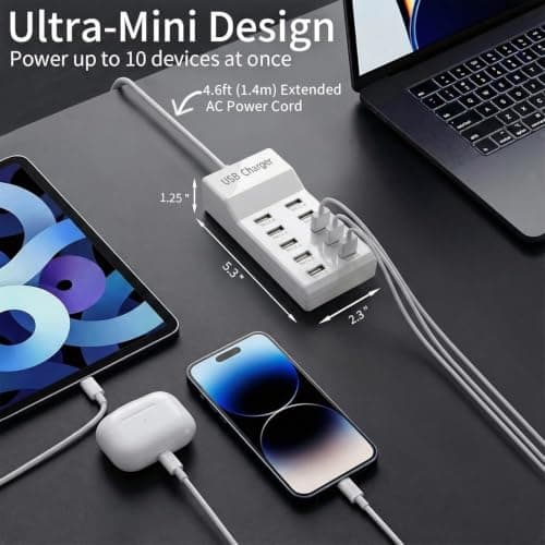MICROWARE MICROWARE 10-Port USB Charging Station, Portable Desktop Charger for Multiple Devices, Compatible with Phones, Tablets, Bluetooth Earbuds and Other USB Devices 3