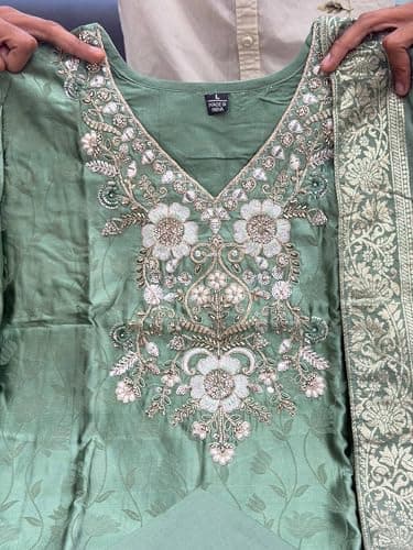 VASTRA SAILI by Women's Pure Malay Glass Tissue with Kanjivaram Handwork Nack Kurta Pent with Dupatta Suit Set. (IN, Alpha, L, Regular, Mint-Green) 4