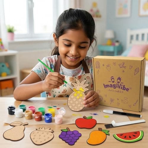 ImagiVibe Paint Your Own Fruits Fridge Magnet Kit for Kids | 9 MDF Cut-Outs DIY Painting Activity with Colours & Brush | Creative Screen-Free Art & Craft Kit | Made in India (Fruits) 3