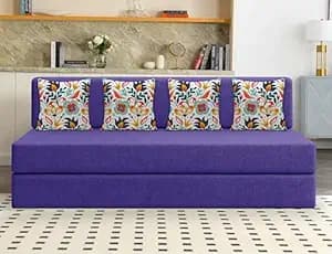 Los Angeles Foldable Four Seater Sofa Cum Bed, Sofa Bed 6 X 6 Feet Jute Fabric Washable Cover- Including Cushion Perfect for Living Room - Purple Color