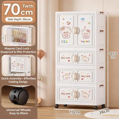 EXVITO Plastic Wardrobe for Cloth with Drawers & Hanging Rod | Baby Cupboard for Clothes Storage | Foldable Collapsible Plastic Almirah for Kids | Cartoon Design Cabinet for Bedroom - Butter Bear 2