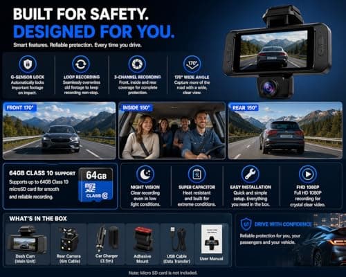 BLUHAWK 3 Channel Dash Cam for Car with Front Inside Rear Camera, FHD 1080P Recording, 170° Wide Angle, G-Sensor, Loop Recording, Night Vision, Supports 64GB Class 10 Card, Car DVR Camera for Cars 3