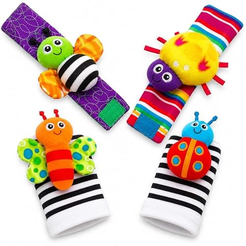 MOM CARE Wrist Rattle & Foot Finder Socks for Newborn Babies 0-12 Months | Soft Sensory Development Toy Set for Infants | Black White High Contrast Baby Toys | 4 Pcs- 1 Set