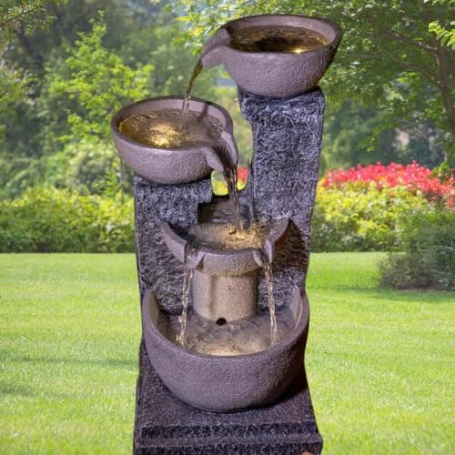 Shawshank Resin, Fiberglass 3ft Long 3 Bowl Grey Water Fountain for Indoor Outdoor Garden Home Decor, Stacked 4 Pot Water Fountain 4
