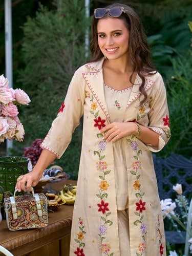 INDO ERA Women's A-Line Silk Blend Floral Embroidered Kurta with Shrug and Palazzo Set (Cream_IEOUT10577_Medium) 3