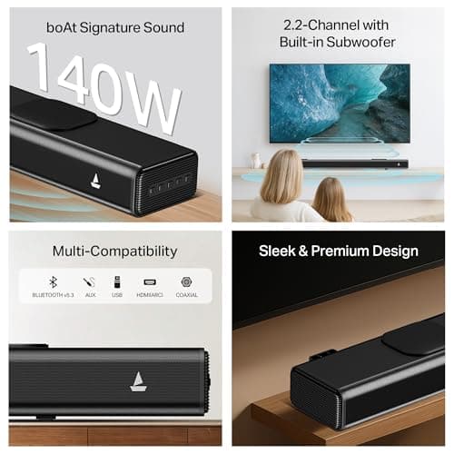 Boat Aavante 2.2 1400, 140W Signature Sound Built-in Subwoofer, 2.2CH, Multiple Ports, EQ Modes, Remote Control, Bluetooth Sound bar, Home Theatre Soundbar Speaker (Premium Black) 2
