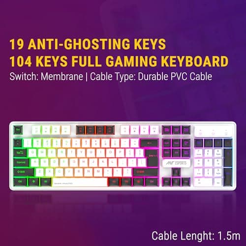 Ant Esports KM1610 LED Gaming Keyboard and Mouse Combo, 104 Keys Rainbow Backlit Keyboard and 7 Colour RGB Mouse for PC Laptop Xbox PS4 Gamers and Work, White 3