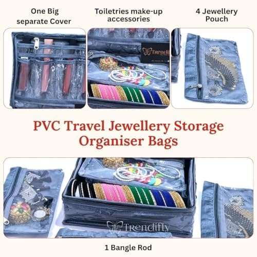 Trendifly Laminated PVC Travel Jewellery Storage Organiser Bags for women Earrings Rings Bracelet With 4 Transparent Pouches 1 Rod For Bangle and Large Cosmetic Makeup Brush (Blue) 5