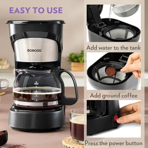 Borosil Brew Pro Drip Coffee Machine with Borosilicate Glass Carafe (600 ml) | 550W Coffeemaker | 6 Cups Capacity | Anti-Drip Function, Auto Shutoff, Keep Warm Plate | 2 Years Warranty | Black 3