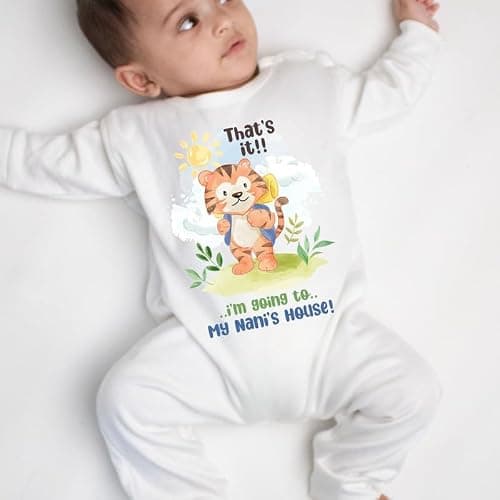 KNITROOT Nani Theme, I Am Going Nani's House Text Printed, Full Sleeves, Shoulder-Snap-Buttons, Cotton Jumpsuit, Rompers for New Born Baby, 0-3 Months, White, Infant Clothes 4