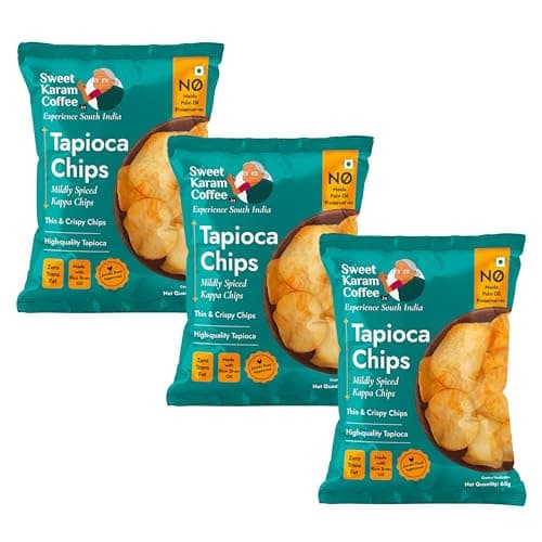 Sweet Karam Coffee Authentic Kerala Tapioca Chips – Pack of 3 (65g Each) | No Palm Oil or Preservatives | Spicy Kerala-Style Kappa Chips | Kettle Cooked Cassava Snack | Vegan & Crispy Namkeen