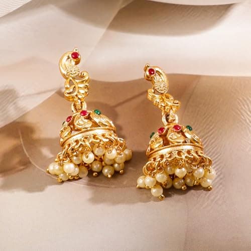 Rubans 22k Gold-Plated Red & Green Stone Studded Handcrafted Traditional Temple Jewellery Set For Women 5