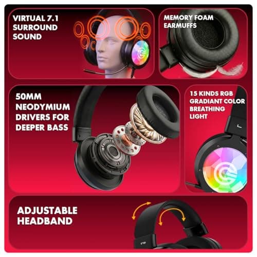 Circle Aura Magnus Wired Gaming Over Ear USB Headphones, RGB LED, 57mm Drivers, Virtual 7.1 Surround Sound, 2.2 Meter Cable, Flexible mic, Soft Leather Headband, Memory Foam Cushioning (Black) 2