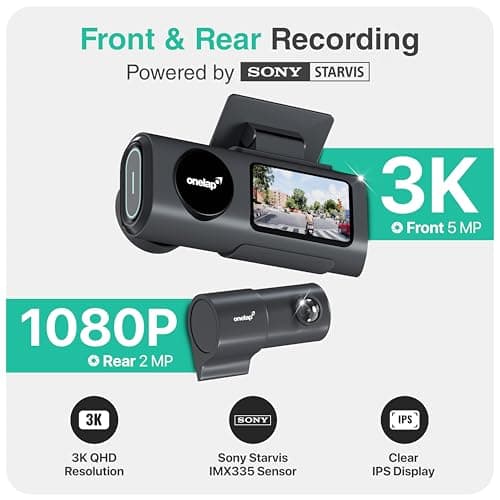 Onelap Vidsure™ (2026 Edition Front + Rear) - 3K UpScaled to 4K Dashcam for Car | Real Sony STARVIS IMX335 | 5MP 3840p QHD Front | 5.8Ghz Wifi | 2MP 1080p FHD Rear | HDR |1.47" LCD | Dual Port Charger 2