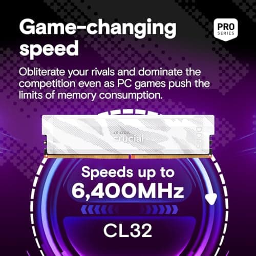 Crucial Pro DDR5 RAM 32GB Kit (2x16GB), 6400MHz CL32, Overclocking Desktop Gaming Memory, Intel XMP 3.0 & AMD Expo Compatible, White - CP2K16G64C32U5W 2