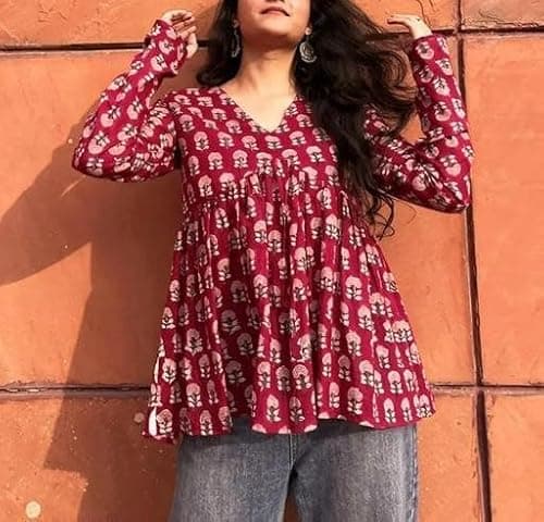 PD CLORI Women's Block Print Peplum Top, V-Neck, Full Sleeves, Floral Print, Casual Wear (in, Alpha, M, Regular, Red) 3