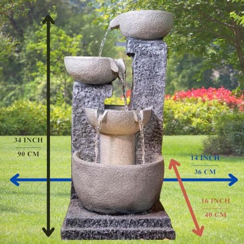 Shawshank Resin, Fiberglass 3ft Long 3 Bowl Grey Water Fountain for Indoor Outdoor Garden Home Decor, Stacked 4 Pot Water Fountain 5