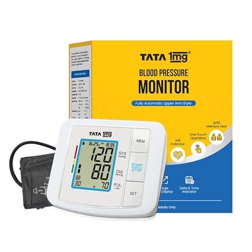 1MG Tata Arm Blood Pressure Monitor | Fully Automatic Portable Digital BP Machine For Home | Large LCD Display | Powered With USB Cable Or AA Batteries | Stores 90 Sets Of Memory For 2 Users, White
