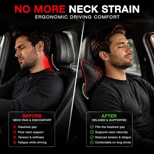 AdroitZ Faux Leather 𝗨𝗡𝗜𝗩𝗘𝗥𝗦𝗔𝗟 Car Neck Rest Pillow | Premium Embroidery Cushion Neck Pain Relief | Head Rest Support for Long Drives | Headrest Interior Seat Accessories for All Cars(Set of  4
