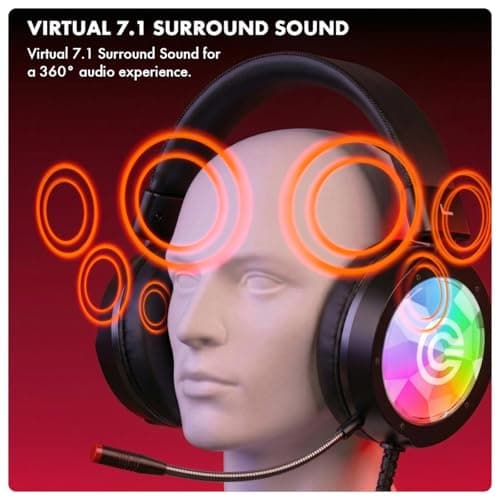 Circle Aura Magnus Wired Gaming Over Ear USB Headphones, RGB LED, 57mm Drivers, Virtual 7.1 Surround Sound, 2.2 Meter Cable, Flexible mic, Soft Leather Headband, Memory Foam Cushioning (Black) 4