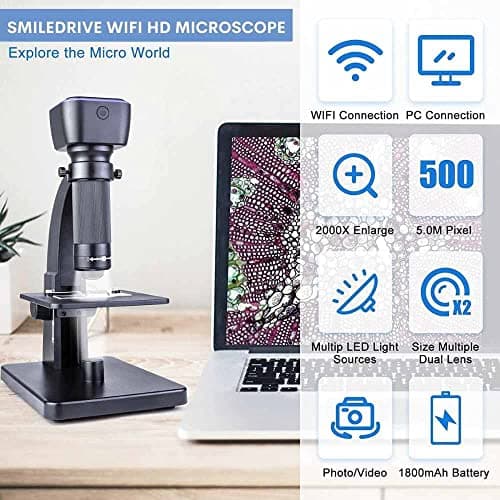 SMILEDRIVE® WiFi Digital Microscope for Students Kids Lab 2000x Magnification Dual Lenses with Dual Lens Wirelessly Connects with Android iOS Devices & with USB Wire with PC 2