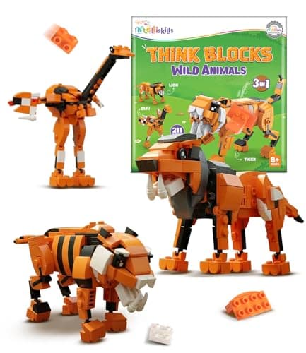 Intelliskills Think Blocks: 3-in-1 Aquatic Animals 118 Piece Set,Shark, Squid&Seahorse, Model Building Kit for Kids,STEM Construction Set for Toddlers,Assemble&Play Game,Activity&Gifting Toy (Orange)
