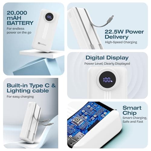 BonKaso 20000mAh Power Bank 22.5W PD Fast Charging with Built-in Type-C Cable, USB-A & Type-C Output, Digital LED Display, Slim Portable Charger for iPhone, Android, Tablets – White 2