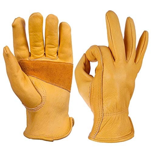 Jupiter Industries Heavy Duty Reinforced Leather Work Gloves for Adults, Palm Patch Safety Gloves for Gardening, Farming, Construction, Warehouse, Truck Driving & Yard Work | Yellow, Pack of 1 Pair 5
