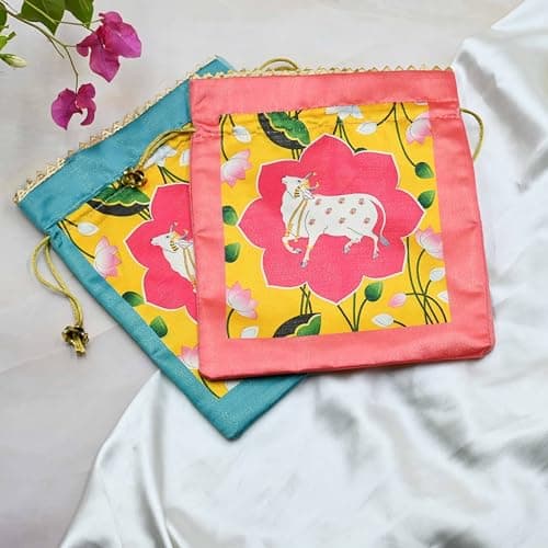 India Gift Hub | Assorted Lotus Cow Decorative | Printed Silk Potli |Traditional Elegance Cow Print | Pichwai Potli Batwa | Bag with Modern Handle (Pack of 20) 3