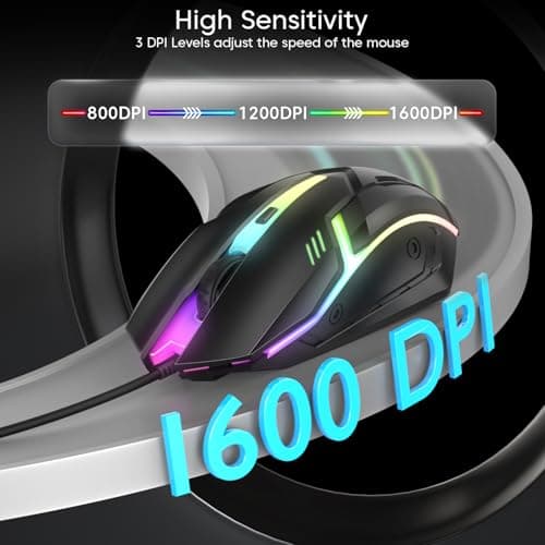 Sounce Nitro Wired Gaming USB Mouse 800/1200/1600 DPI Optical Sensor, 4-Level Adjustable DPI, RGB Lighting, Smooth Tracking, Ergonomic Grip, Plug & Play for Laptop & PC (Black) 4