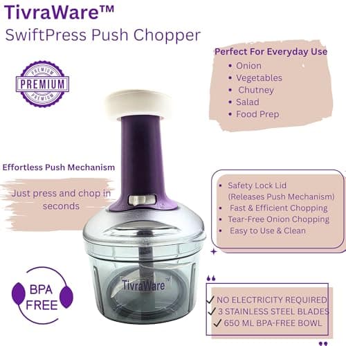 TivraWare Premium SwiftPRESS Push Chopper 650 ML BPA-Free Food Processor with Precision Multi-Blade System, 20+ Cuts in One Press, Easy and Elegant Kitchen Prep 2