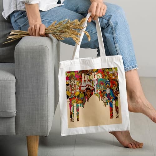 THE QUIRKY HOME Tote Bag for Women with zip, Aesthetic Canvas tote bag for college girls, office, stylish and reusable - India Theme - D No - 223 2