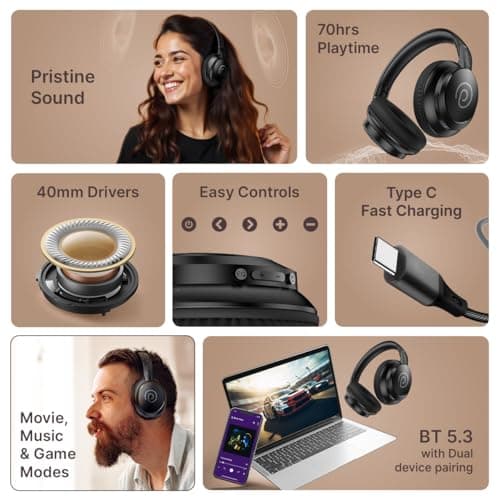 pTron Studio Evo 70hrs Playtime Wireless Over Ear Headphones with HD Mic, Low-Latency Game/Movie/Music Modes, Punchy Bass, BT5.3, Dual Device Pairing, Voice Assistant & Type-C Fast Charging (Black) 2
