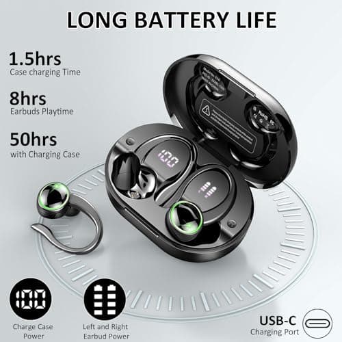 Wireless Earbuds, 2026 Bluetooth 5.4 Headphones Sports, 50 Playback Over-Ear buds with ENC Noise Cancelling Mics, Deep Bass Fitness Earphones Gym Running Workout, IP7 Headset with Earhook, LED Display 3
