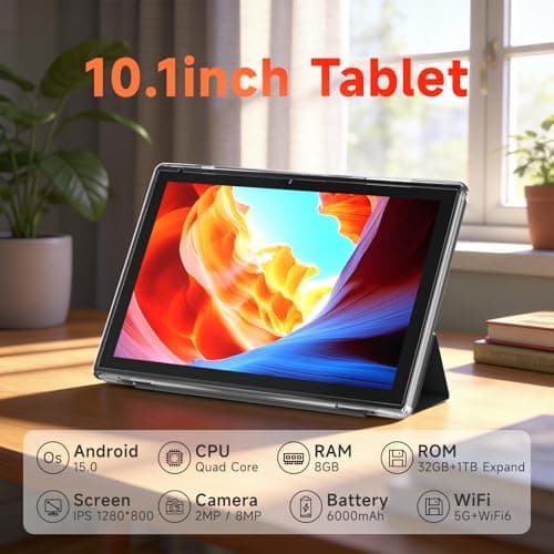WUIUHOU 10.1 Inch Android 15 Tablet, 8GB RAM 32GB Storage, HD IPS Display, 5G WiFi 6,6000mAh Battery, Dual Camera for Video Call, Tab with Case & Stylus Pen for Work/Study Tablet with case (Black) 2