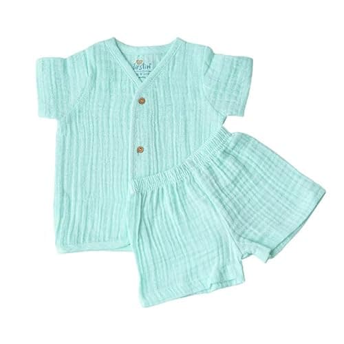 FIRST IN Muslin Bubble Crinkle Jabla Shorts Set for Baby Boys & Girls | Half Sleeve Soft Cotton Muslin Infant Clothing | Lightweight Outfit - Solid Marine