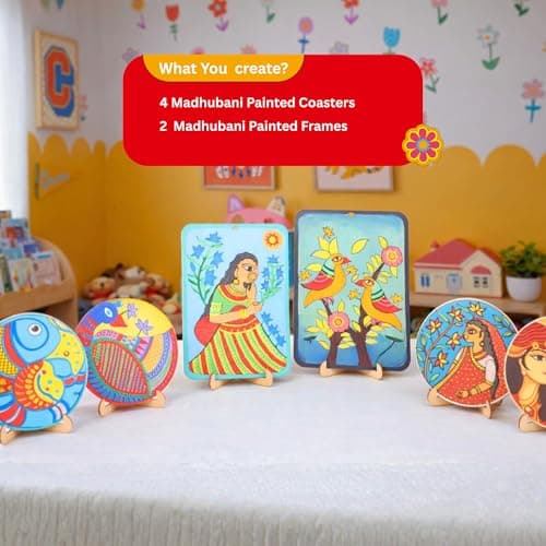 Kores Madhubani Art Kit for Kids (8–18 Years) | Traditional Indian Folk Art DIY Kit | Paint 4 Coasters & 2 Wall Hangers | 40+ Elements | Creative Craft Set 5