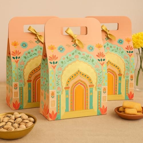 SATYAM KRAFT 5 Pcs Multipurpose Foldable Decorative Rajwadi Hamper Boxes with Handle & Ribbon | Gifting & Gift Packaging for Wedding, Valentine's day,Birthday, Dry Fruits, Sweets (Peach) (Small)