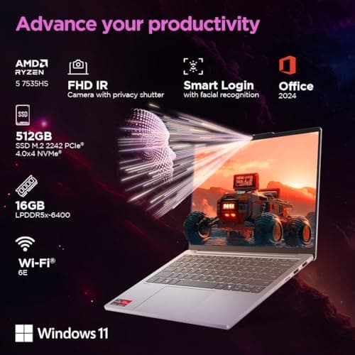 Lenovo IdeaPad Slim 5, AMD Ryzen 5 7535HS, 16GB RAM, 512GB SSD, WUXGA IPS, 13.3"/33.7cm, Windows 11, Microsoft 365 Basic + Office 2024, Grey, 1.6Kg, Backlit KB, 1Yr ADP Free, 83J2004HIN, Laptop 4