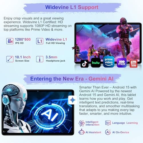 Android 15 2025 Tablet with Gemini AI, 30GB+128GB+1TB Expansion, Octa-Core 10.1" Electronic Tablets with Keyboard Mouse, 8000mAh, 5G Wi-Fi, IPS HD Display, GPS, Widevine L1, Screen 3