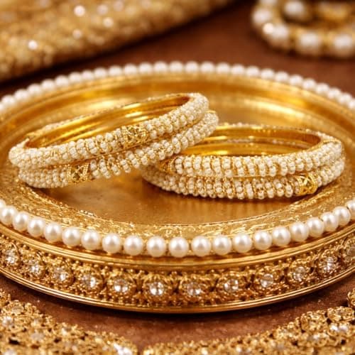 ACCESSHER Traditional Gold Plated Bangles With Beaded White Faux Pearl For Women and Girl (Set of 4) (2.6) 5