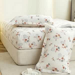 Story@Home Cloud Cotton Fitted BEDSHEET (72 X 78 Inch) 360 Elastic King Size with 2 Pillow Covers | Super Soft Bed Sheet for King Size Bed Floral Design (White, Brown)