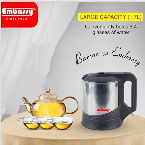 EMBASSY Electric Kettle Stainless Steel 1.7 L | 1000W | Superfast Boiling | Auto Shut-Off | Boil Dry Protection | 360° Rotating Base | 2 YEAR WARRANTY | Silver and Black 4