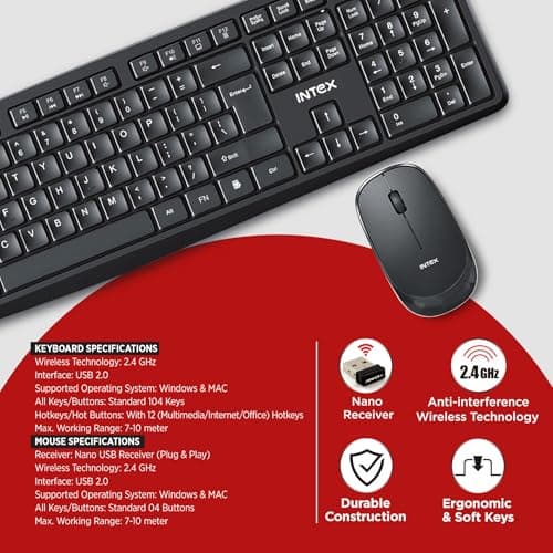 Intex 2.4GHz Wireless Keyboard and Mouse Combo | 104 Keys, 4 Button Mouse | 1600 DPI | 10M Range, Nano USB Receiver Plug & Play | Ergonomic & Soft Keys (Black) 5