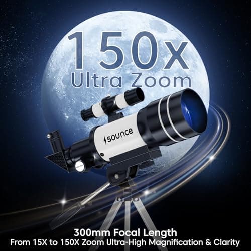 Sounce 70mm Astronomical and Sky Refractor Telescope with 150x Ultra Zoom Fully Coated Glass Optics Alt Az Mount compatible with 70mm Professionals to Explore Moon Planets Star Deep Sky Objects(Black) 2
